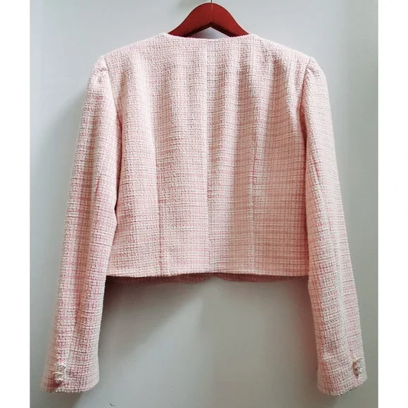 WAYF Blazer M Calling Elle Woods Boucle Check Pearl Rhinestone Button Pink/Gold - Picture 3 of 11